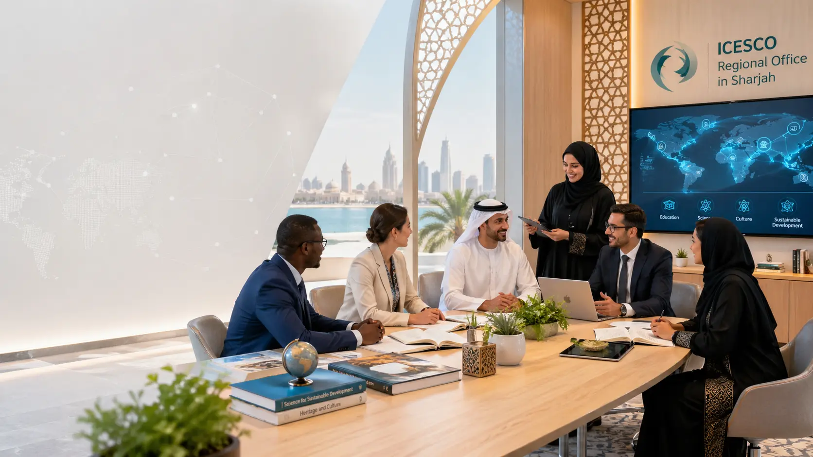 Six colleagues talk around a table beside ICESCO Regional Office in Sharjah wall branding.