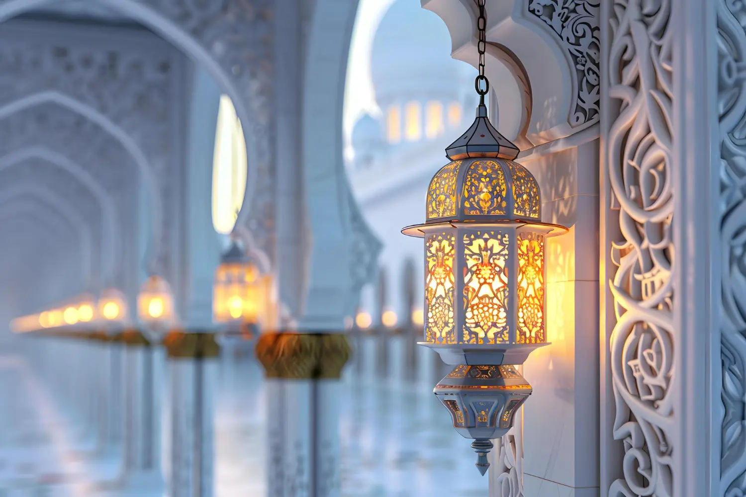 Warm lanterns hang along a carved white marble arcade of pointed Islamic arches.