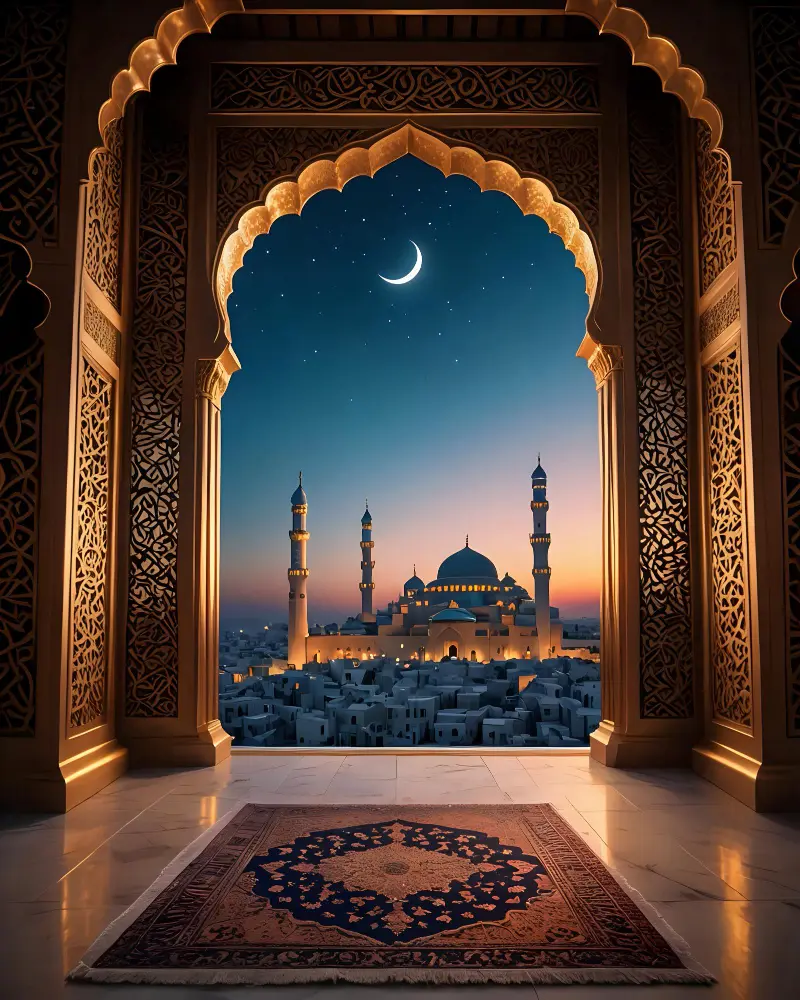 A glowing mosque with minarets appears through a golden Islamic arch above a prayer rug at dusk.