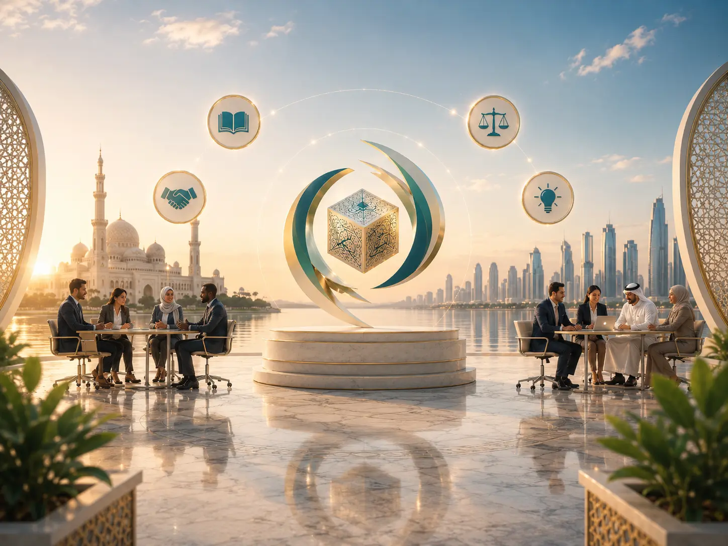 Two groups of professionals meet beside a calligraphy cube overlooking a mosque and skyline.
