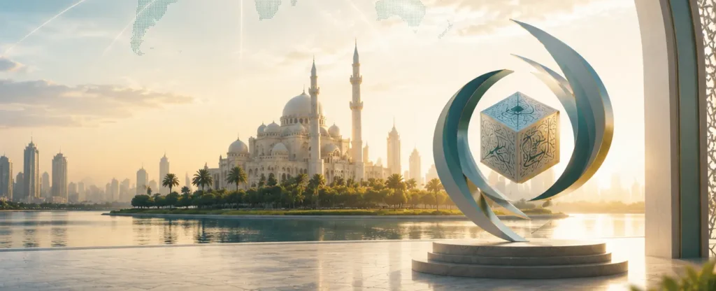 A glowing calligraphy cube sculpture stands before a mosque, palms, and a golden skyline.