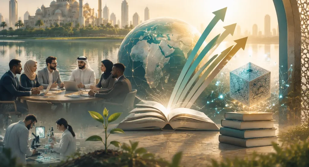Professionals, scientists, a glowing book, and a calligraphy cube appear before a mosque skyline.