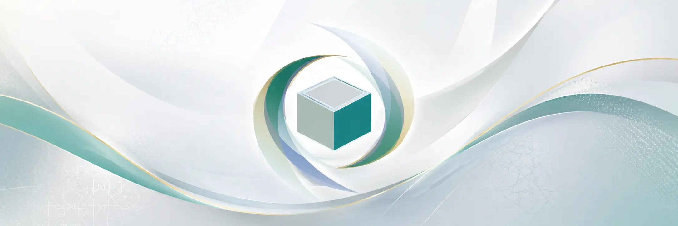 Abstract banner with a grey and teal isometric cube and fluid ribbon shapes