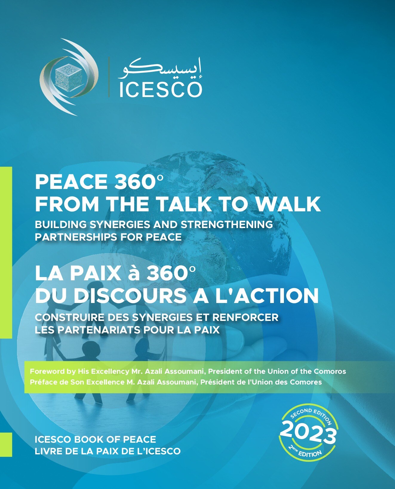 Blue book cover shows a globe in cupped hands for ICESCO Peace 360 second edition.