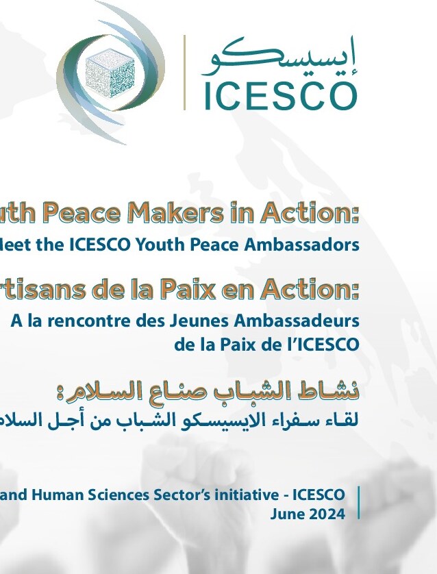 ICESCO cover titled Youth Peace Makers in Action, introducing Youth Peace Ambassadors in English, French, and Arabic.